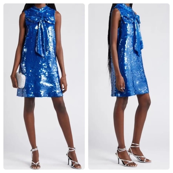 New! CIEBON Anita Bow Paillette Sequin Sleeveless Mini Shift Dress 💙 Small NWT! - Picture 1 of 15